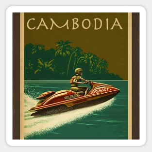 Cambodia Jet Ski Vintage Travel Art Poster Sticker